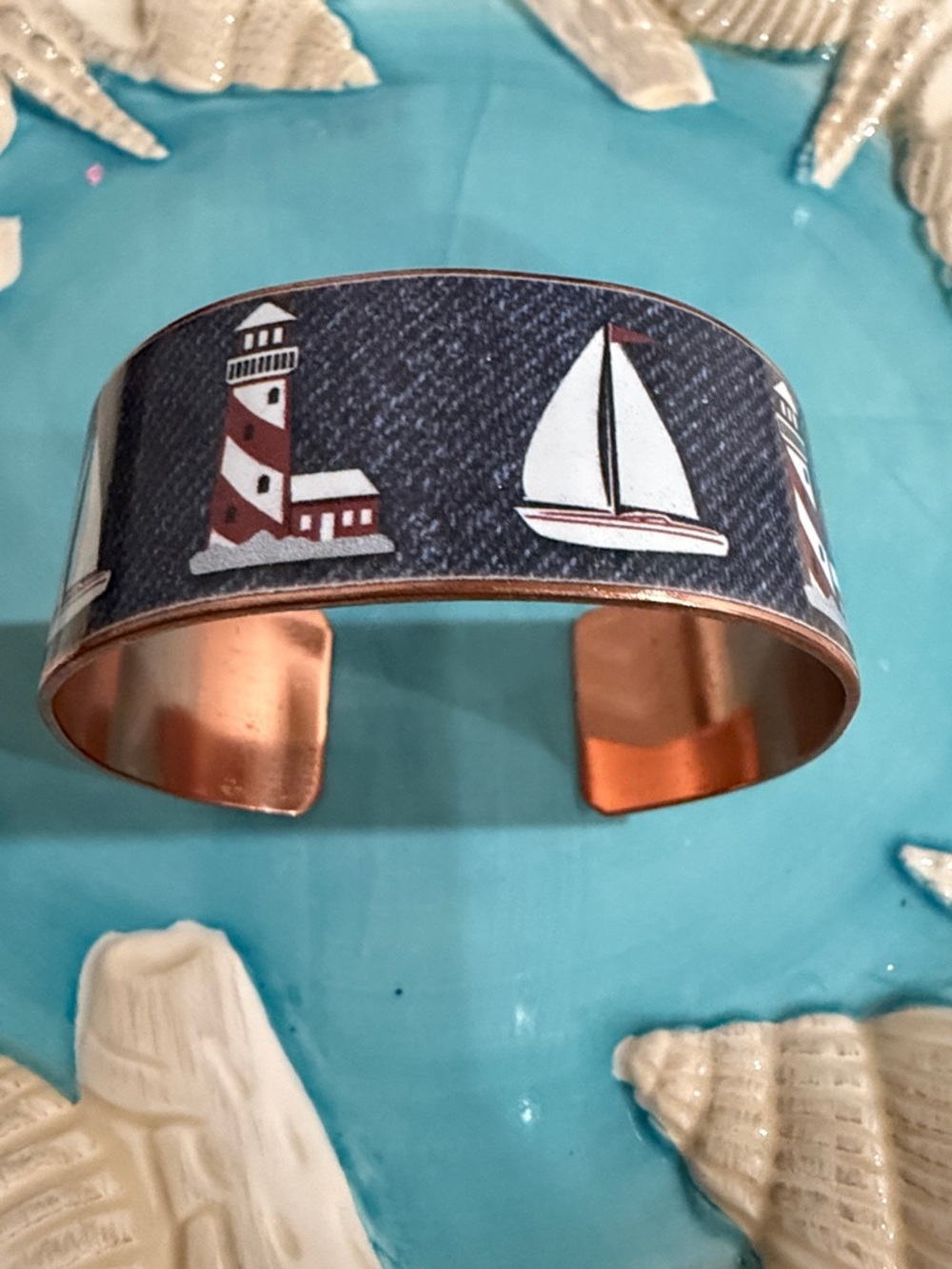 Nautical Sailboat & Lighthouse Copper Cuff Bracelet - Navy and White